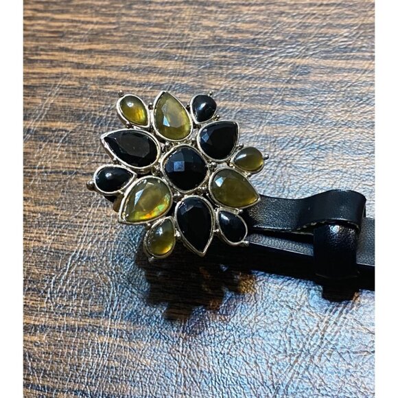 Vtg Liz Claiborne Jeweled Buckle Black Leather Blend Belt Women S Waist 27"-31" - Picture 8 of 10